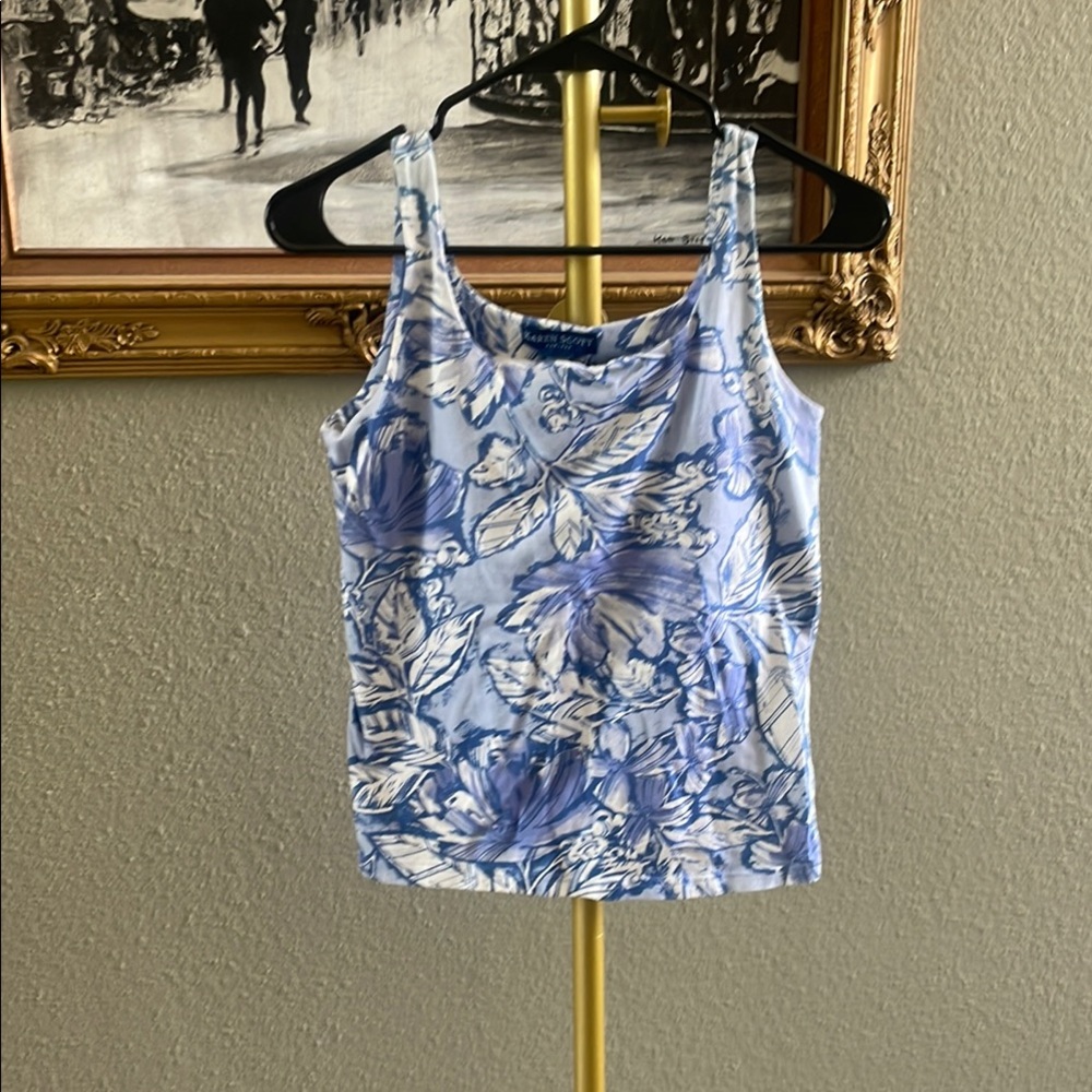 Karen Scott Blue and White Fitted Crop Tank Top - Picture 1 of 7